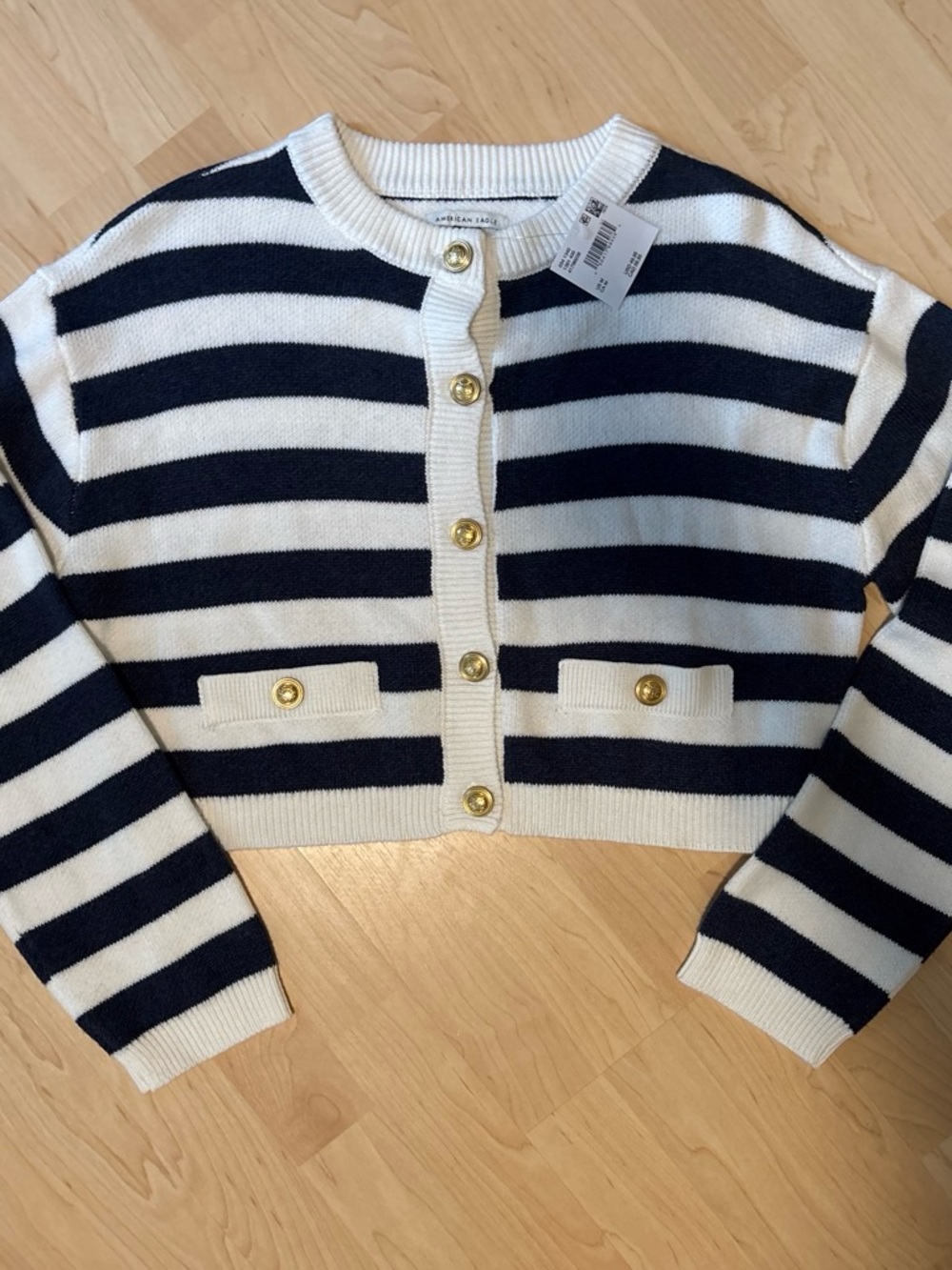 American Eagle Navy & White Striped Cropped Cardigan